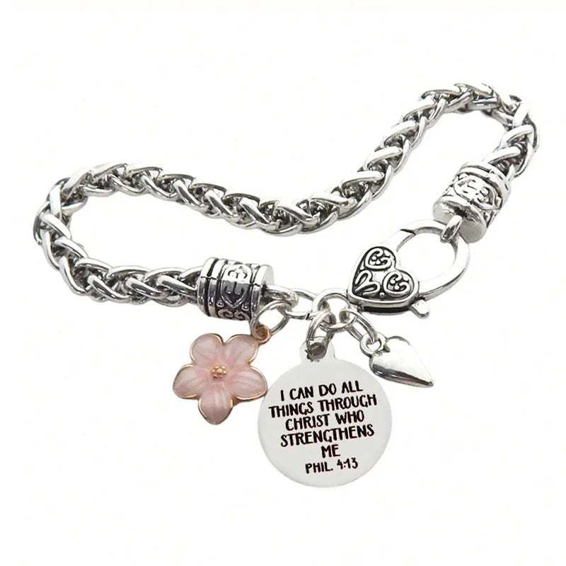 Flower Heart Bible Verse Charm Bracelet Antique Silver Plated Twisted Chain Bracelets Inspirational Christian Jewelry
