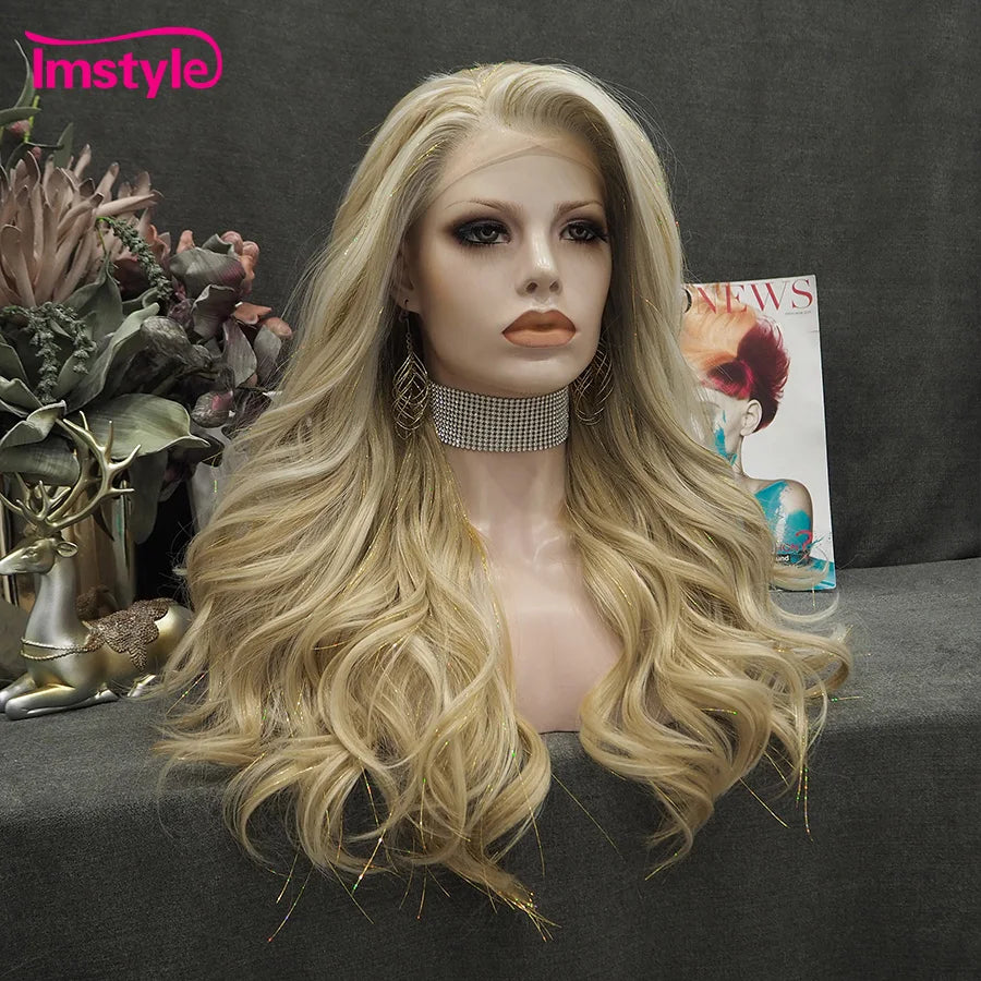 Imstyle Tinsel Blonde Wig Synthetic Lace Front Wig Highlight White Long Wavy Hair For Women Cosplay Wigs