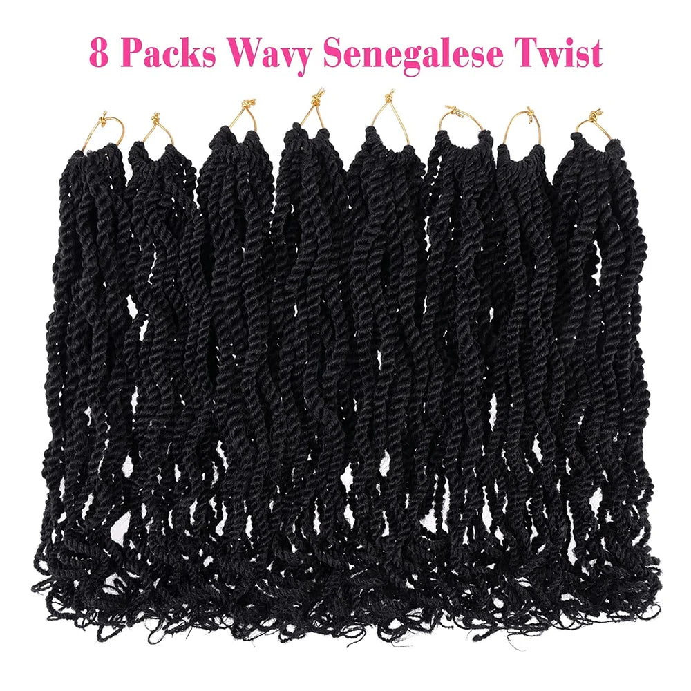 Tresses Senegalese Twist Ondulées Crochet | 8 Pouces | Bouts Bouclés | Noir Synthétique | Lot 8 Paquets