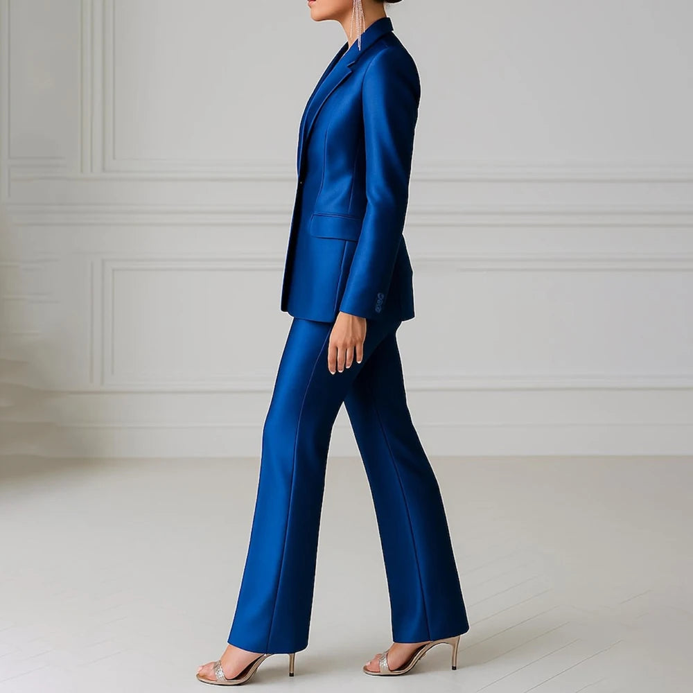 Elegant Blue Evening Women's Suits 2 Piece Jacket Pants Sets High Quality Royal Blue One-Button Slim Fit Office Blazer Clothing
