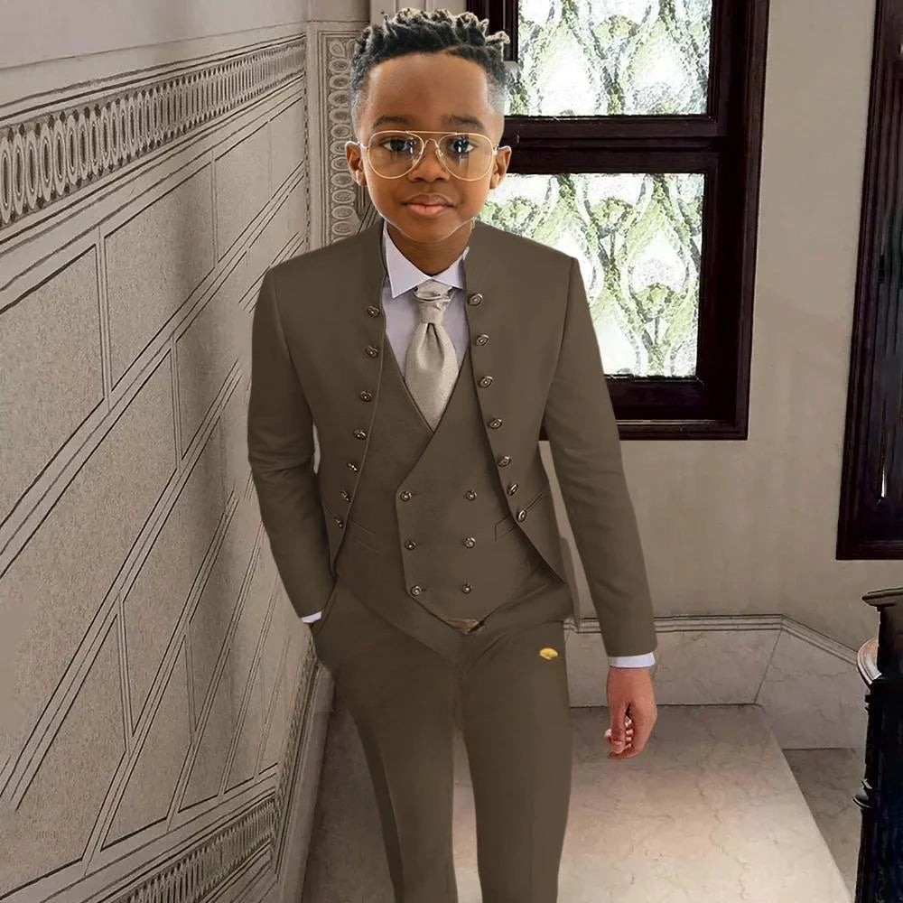 Fashionable Kids Stand-up Collar Suits 3 Pieces Jacket Vest Pants Performance Outfit Comfortable Boys Tuxedo Wedding Guest Wear