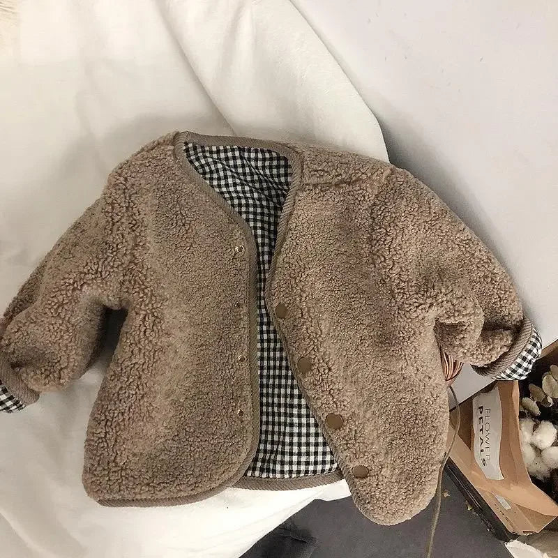 Fashion New Autumn and Winter Warm Jacket Two Sides Wear Plaid Plush Jacket Kids Jackets Winter Clothes DGUKYM 12042