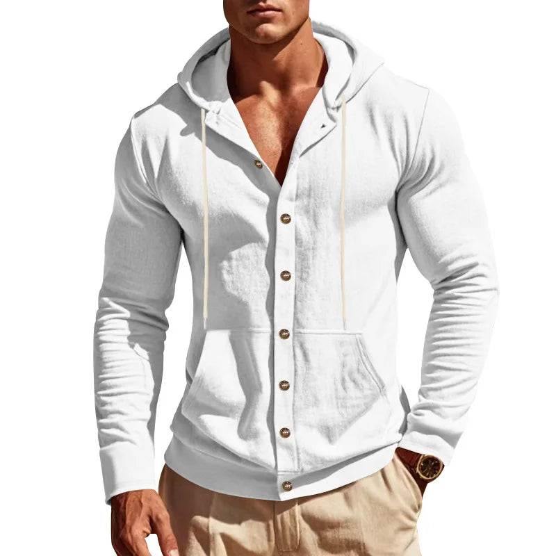 Men's Linen Hoodie Shirt Casual Slim Fit Hooded Long Sleeve Solid Button Down T-shirt Tops New Men Spring Summer Vacation Shirts