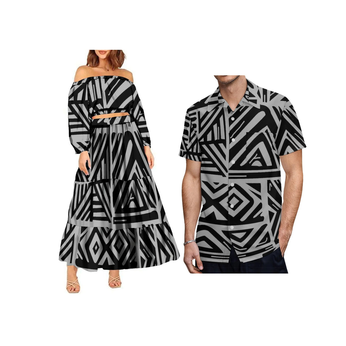 2024 Trendy 2 Piece Set Custom Polynesian Tribal One Shoulder Long Sleeve Crop Top Maxi Skirt Plus Size Women's Sets Dress