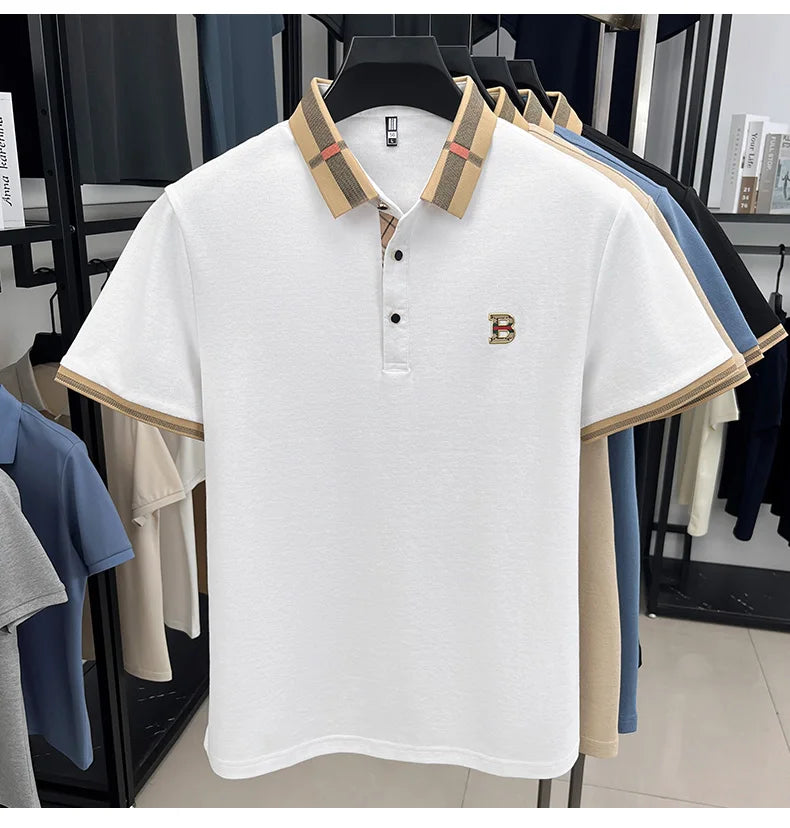 Luxury brand logo short-sleeved polo shirt for men's summer new high-end silk-cotton breathable casual fashion T-shirt clothing