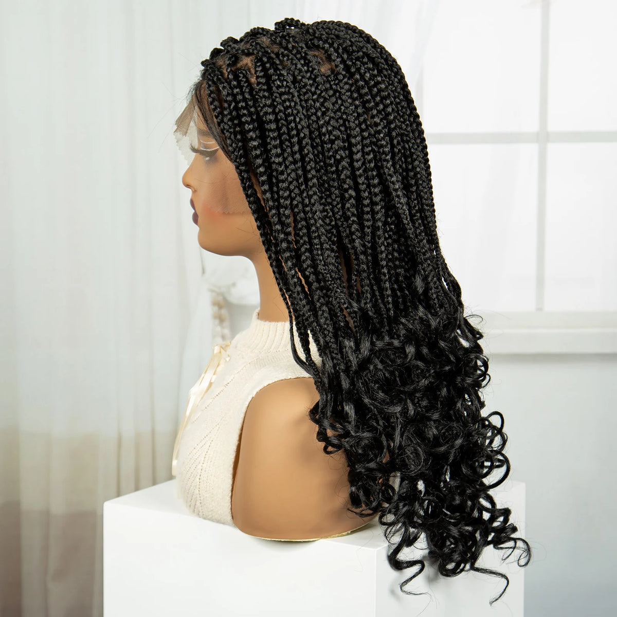 Perruque Tressée 360 Full Lace Synthétique | Knotless Box Braids | Baby Hair | Boho Boucles Extrémités | Femme