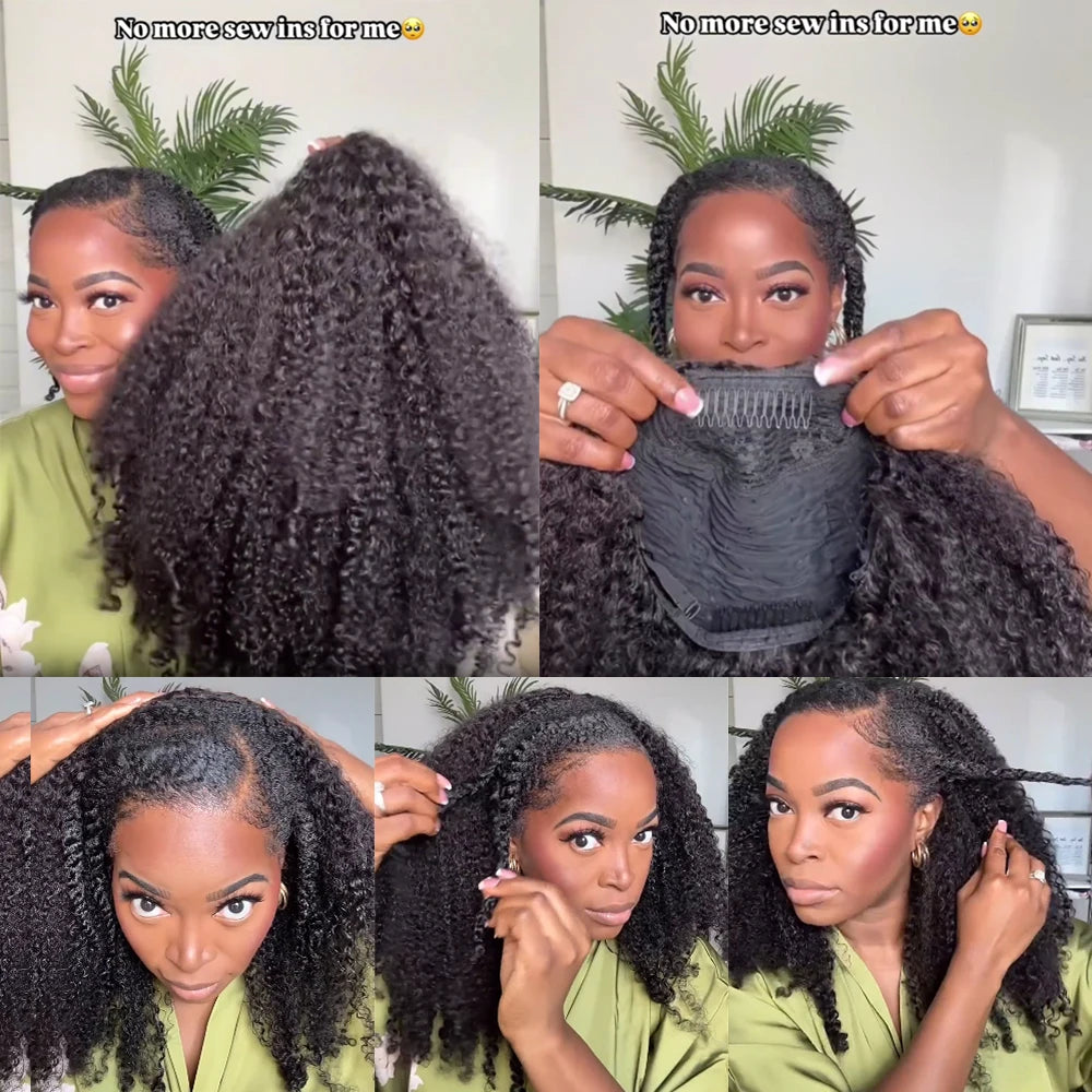 Demi-Perruque Cheveux Humains 180% | Kinky Curly | Invisible Hairline | Cordon Coulissant | 3 en 1