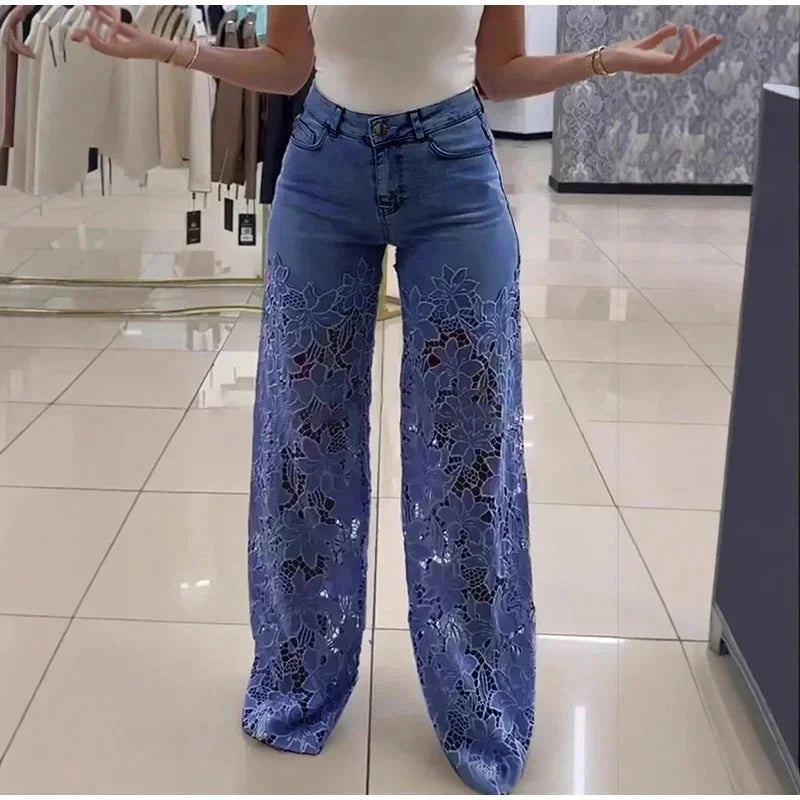 Jean Femme Taille Haute Jambe Large | Dentelle Ajournée Denim | Coton Printemps-Été | Style High Street | XS à XXXL