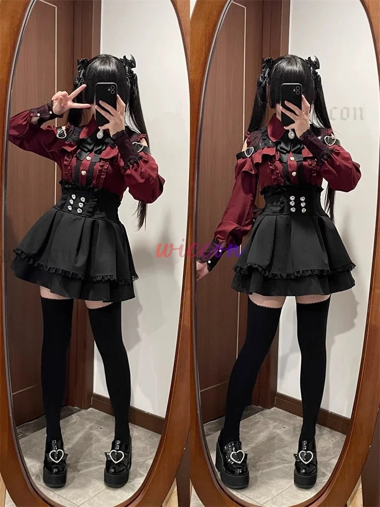 Jirai Kei Outfit Lolita Girls Shirt Skirt Set Women Kawaii Bow Long Sleeve Y2K Casual Aesthetic Shirt Japanese Style Women