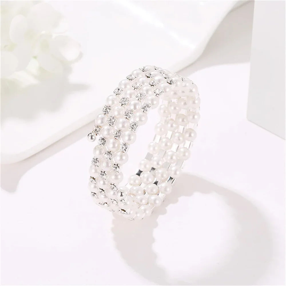 Elegant Multi-Layer Pearl Bracelet Adjustable Crystal Beaded Bangle for Women Wristband Bridal Jewelry Weddings Party Gifts