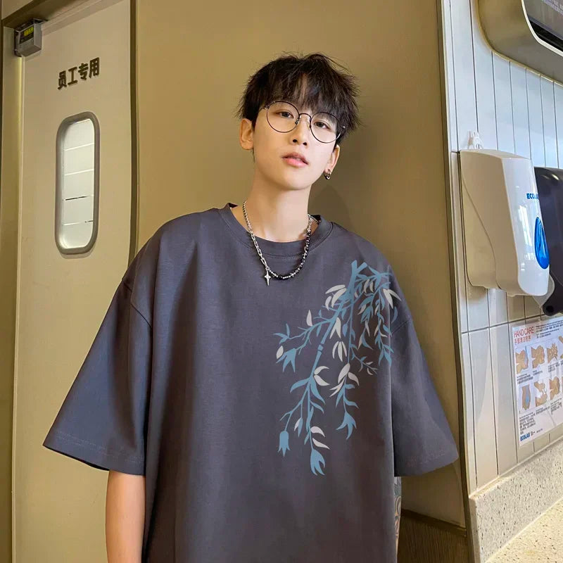 T-Shirt Homme Oversize Coton | Blanc | Imprimé Bambou | Jusqu'au 5XL | Casual Été Mode