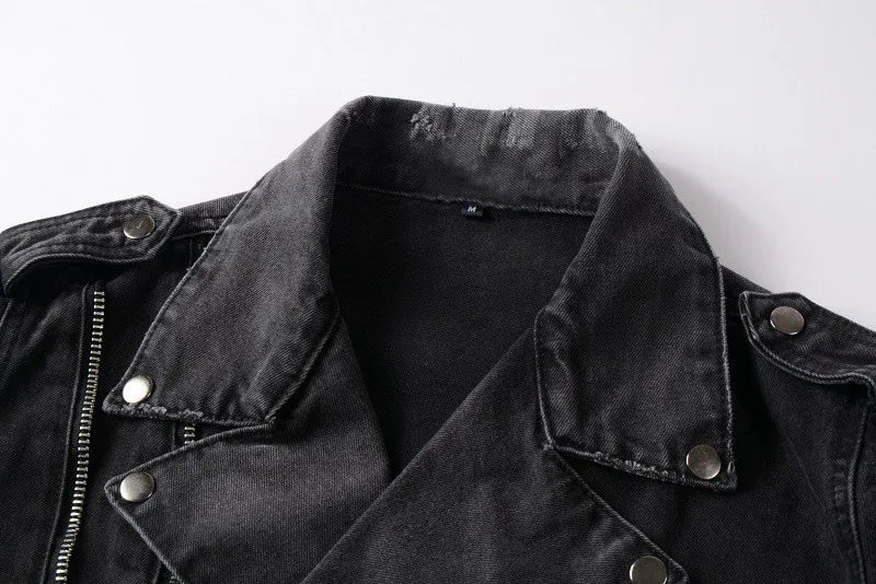 Veste Jean Homme Automne-Hiver | Style Américain Retro High Street Punk | Slim Déchiré Motard