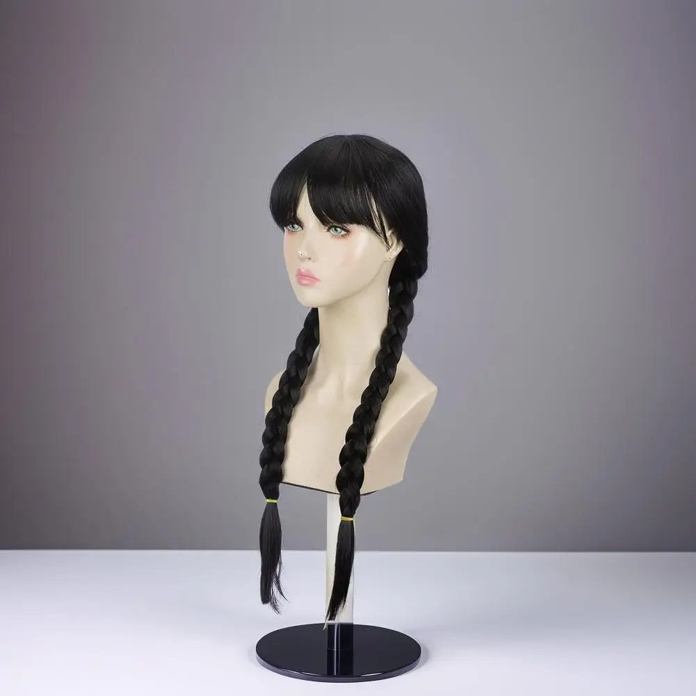 Double Ponytail Braided Wig For Wednesday Wigs Halloween Gothic Costume Braids Anime Double Black Synthetic Braided With Bangs
