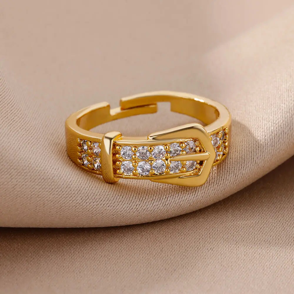 Bague Ceinture Zircon Acier Inoxydable | Doigt Géométrique Ajustable | Esthétique Mariage Femme