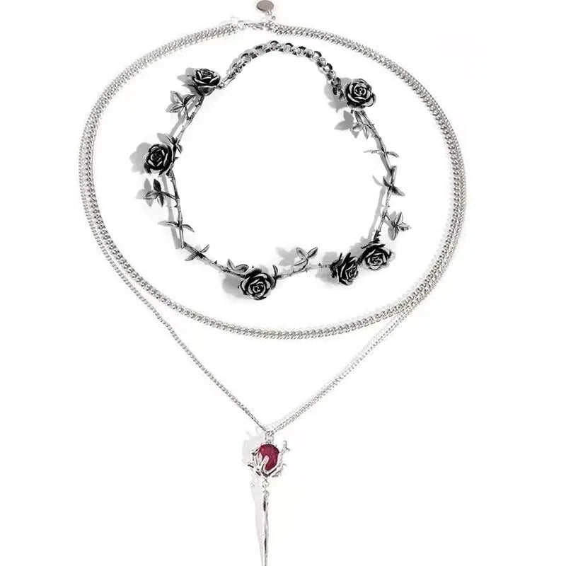 Double Layer Red Crystal Rose Pendant Necklace Layered Necklaces Thorn Rose Clavicle Chain Choker Earrings Goth Jewelry Set Gift