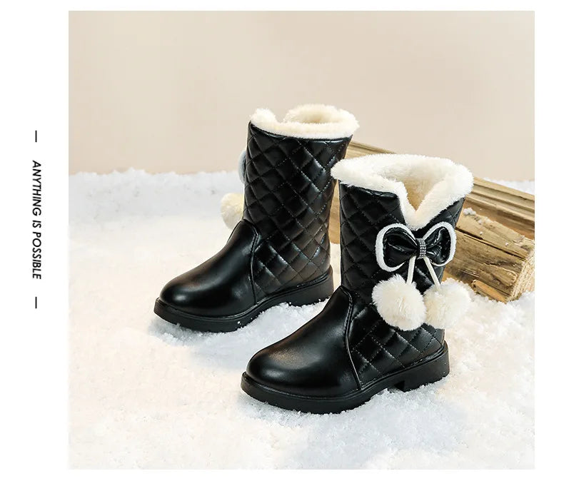 2025 Winter New Fashion Children Princess Boots Waterproof Girls Warm Boots with Bow Kids Snow Boots with Fur Plush