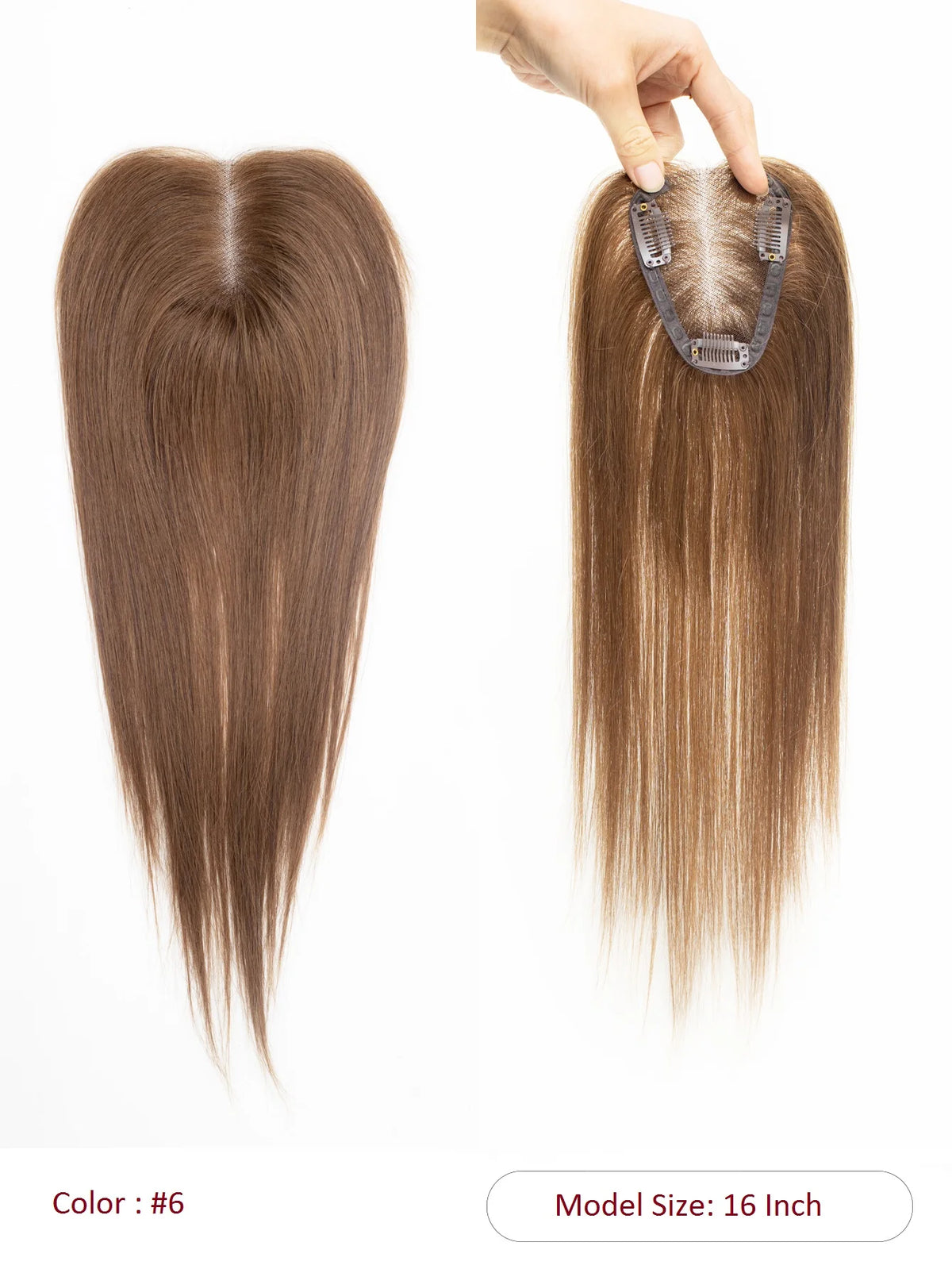 100% Human Hair Toppers Wigs with Bangs Silk Base Clip-in Hair Extensions for Women 16-inch Topper Hair
