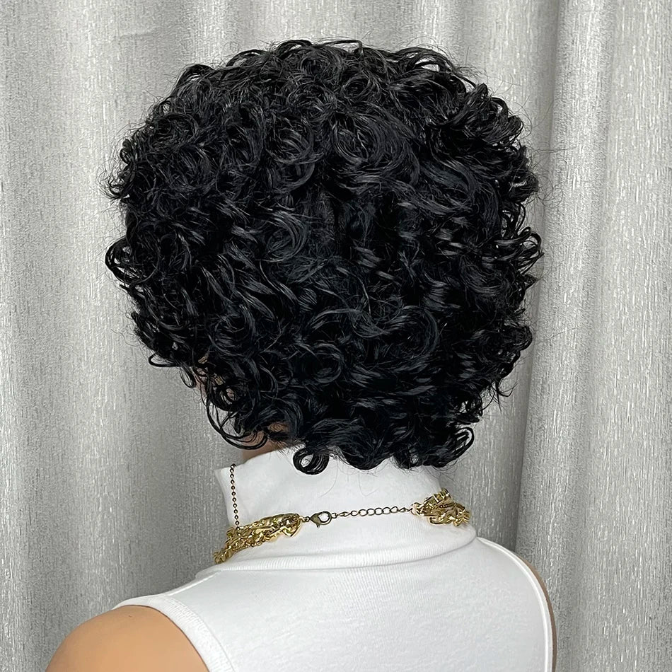 Kinky Curly Human Hair Wig Short Bob with Bangs for Black Women Machine Made Afro Curly Style Pre Plucked Natural Look Daily Wig