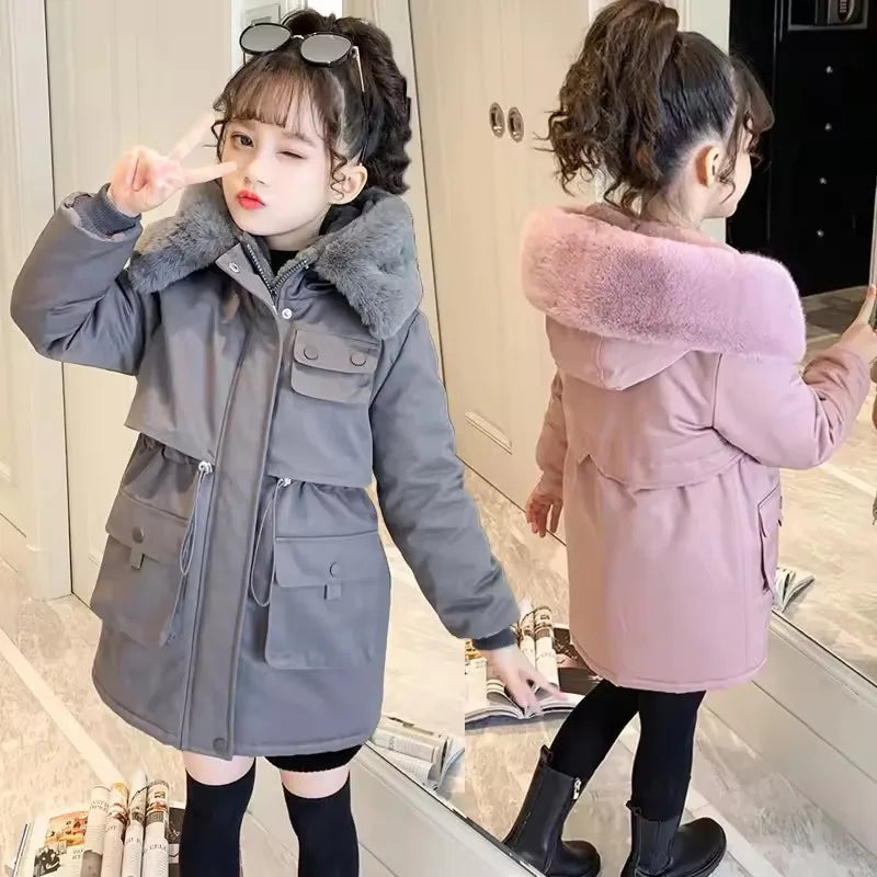 Thick Girls' Jackets Plush Velvet Fur Collar Kids' Coats Children's Winter Warm Hooded Outerwear Teenager Fashion Padded Parka