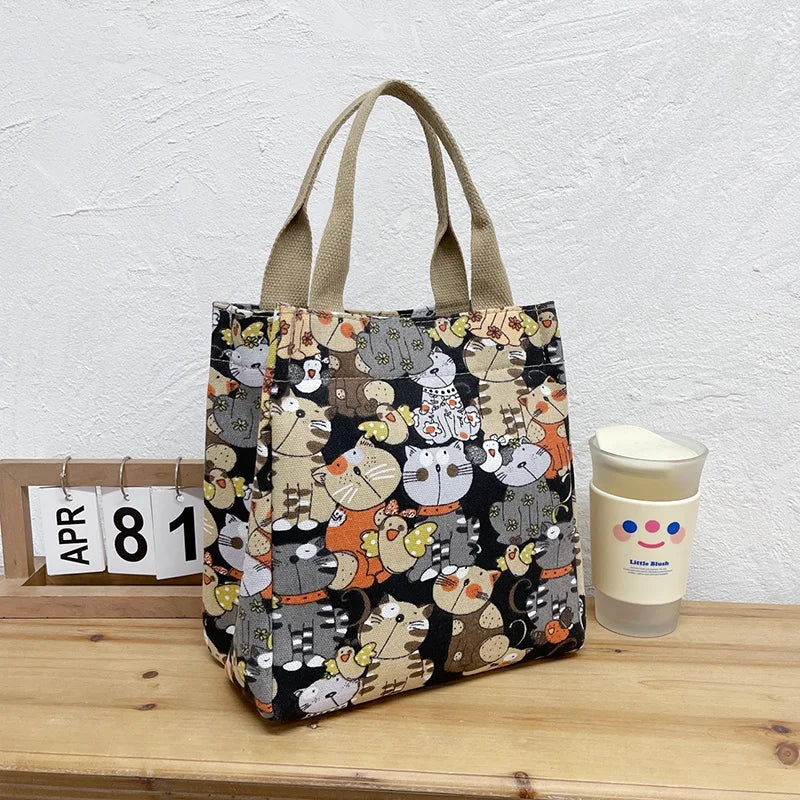 Fashionable Top-Handle Bag with Cute Cat Pattern, Portable Mommy Bag for Women