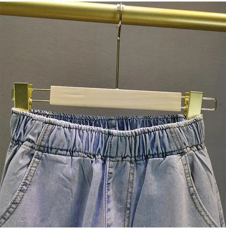 High-Waisted Jeans For Summer 2026 New Loose Elastic Waist Hot-Pressed Diamond Pants Women's Casual Denim Trousers