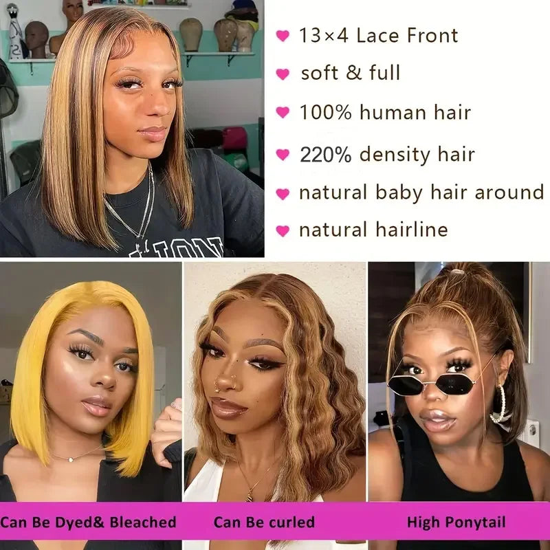 Perruque Bob Cheveux Humains | 13x4 Lace Front | 220% Densité | Coloris 4/27 Or | Wear & Go | Femmes Noires