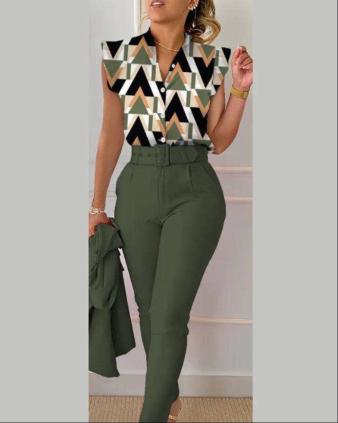 Women's Elegant Slim Two-Piece Sets Summer Fashion Print V Neck Button Flying Sleeve Shirt Top & Solid Long Pants Suits With Belt