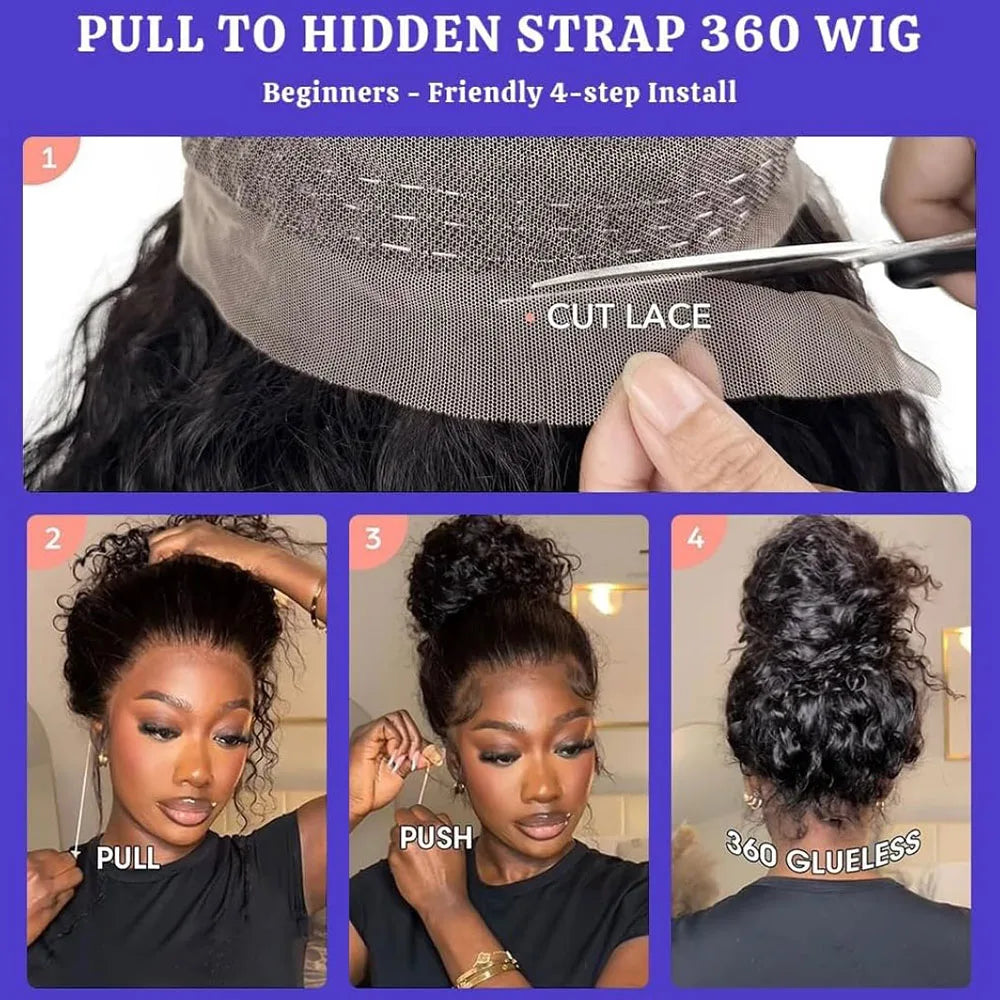 No Glue Upgrade 30 inch 250% HD 360 Lace Front Kinky Curly Wig Drawstring Lace Black Human Hair Water 360 Full Glueless Wigs