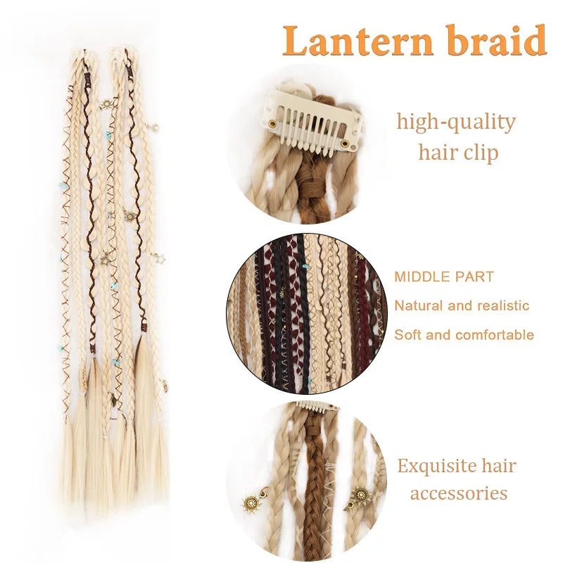 Bohemian Long Hair Braid Hand-Woven Wig Braid with Decorative Hair Accessories Easy-to-Wear Synthetic Hair Clip Braid synthetic