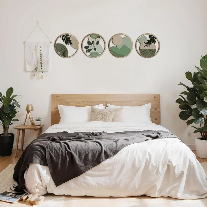 4 Bohemian Wall Art Set - Wooden Bohemian Decor, Geometric Hanging Artwork, Suitable for Baby Room, Farmhouse Aesthetic Minimali