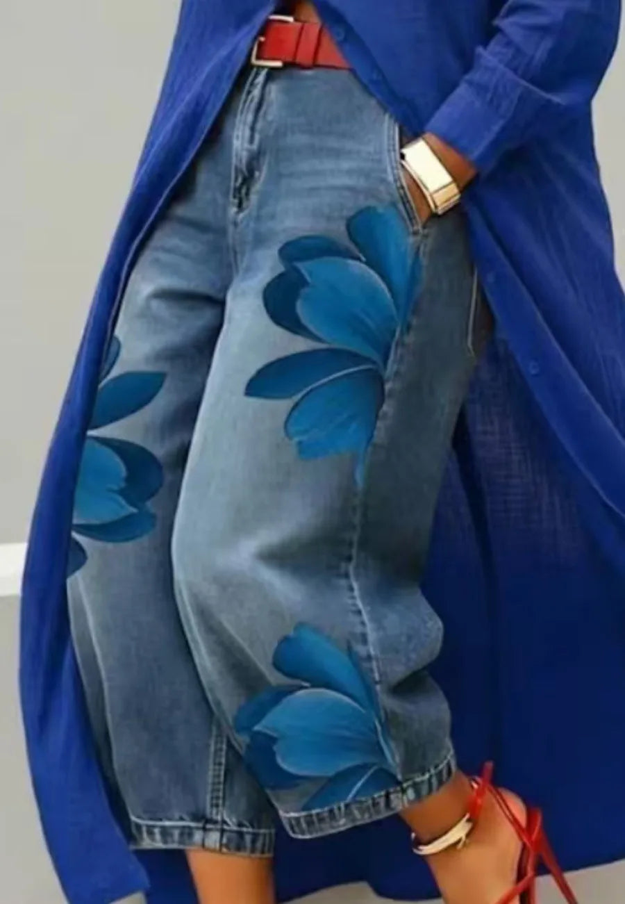 Jean Floral Imprimé Streetwear Femme | Taille Haute Ample | Jambe Large Décontracté | Grande Taille