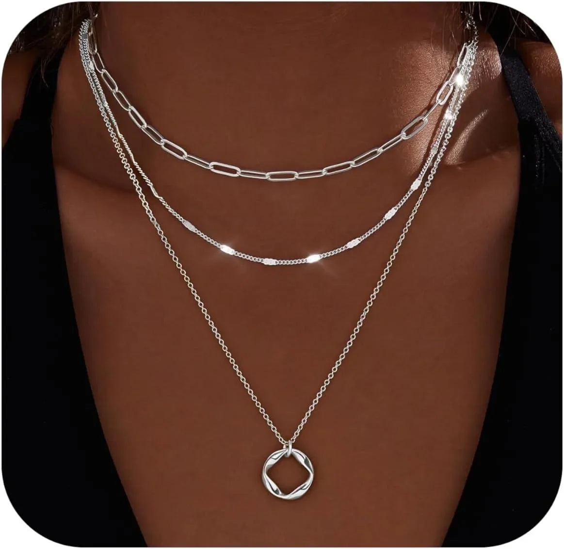 Layered 14k Gold Plated Necklaces for Women Stackable Silver Plated Circle Paperclip Chain Pendant Choker Necklace Set For Women