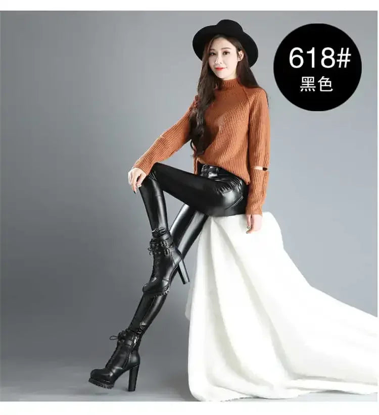 Pantalon Femme Cuir PU Cachemire | Taille Haute Slim Chaud | Polaire Intérieure | Automne-Hiver 2024 | Noir | S à XXXL