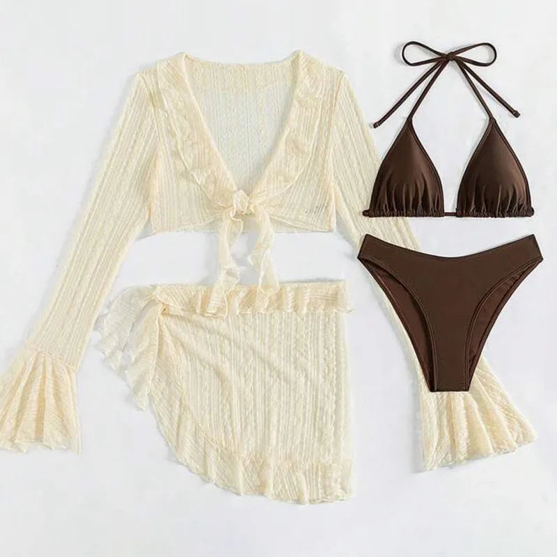Maillot de Bain Femme 4 Pièces | Bikini Brésilien | Cover-Up Manches Longues | Uni | Plage & Soirée | Été 2026