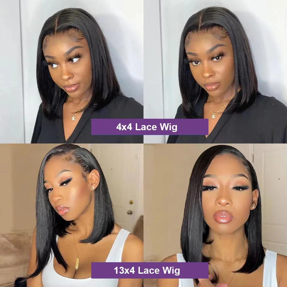Perruque Lace Front Lisse Bob Courte | 4x4 & 13x4 | Cheveux Humains Brésiliens | Pré-Pluçuée | Femme