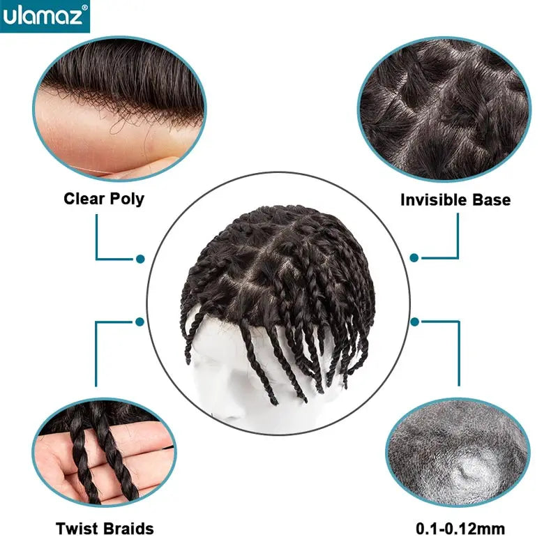 Perruque Tresses Twist Homme Indétectable | Prothèse Capillaire Crochet | Peau | Hair System | Homme Noir