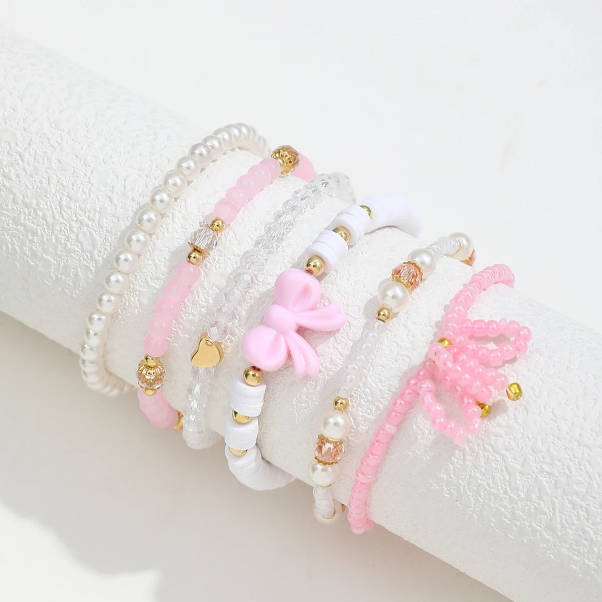 Lot 6 Bracelets Perles Nœud Papillon | Style Européen & Américain | Mignon & Doux | Cadeau Bijou Femme