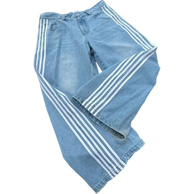 American Harajuku Style Baggy Jeans Y2K Streetwear Striped Denim Pants Men Women Casual Wide Leg Trousers Trendy High Street Pants