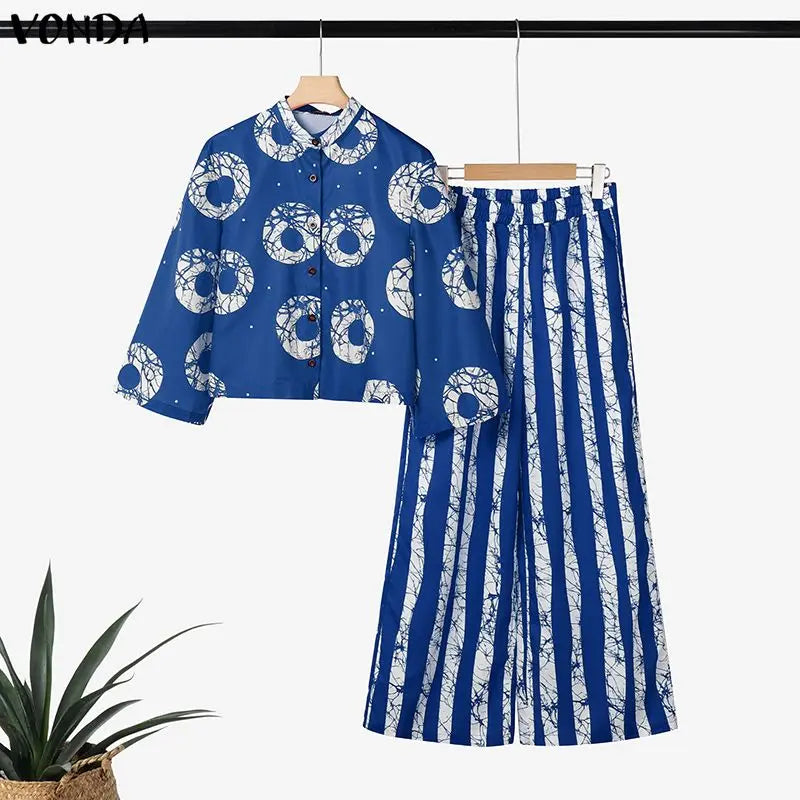 Ensemble 2 Pièces Grande Taille Femme 5XL | Boho Manches 3/4 | Chemise Imprimée & Pantalon Large | Vintage