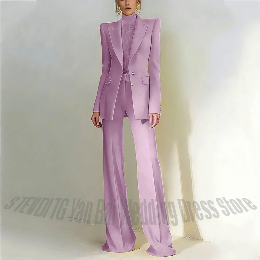 Women's Pant Suit 2 Piece Set Office Female Business Work Formal Jacket Trouser One Button Chic Yellow Peaked Lapel Elegant Suit