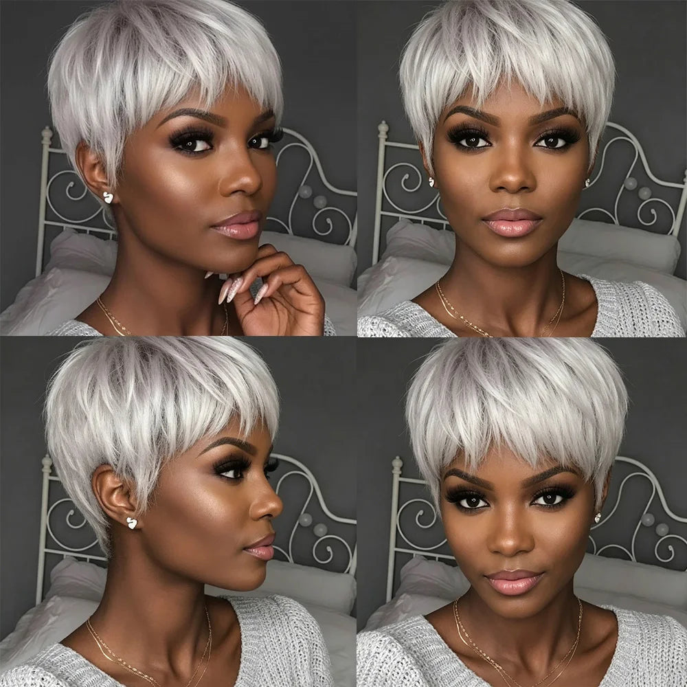 Silver Gray Textured Pixie Human Hair Wig, 100% Virgin Real Hair Short Layered Wig with Bangs Daily Wear Wig Machine Made
