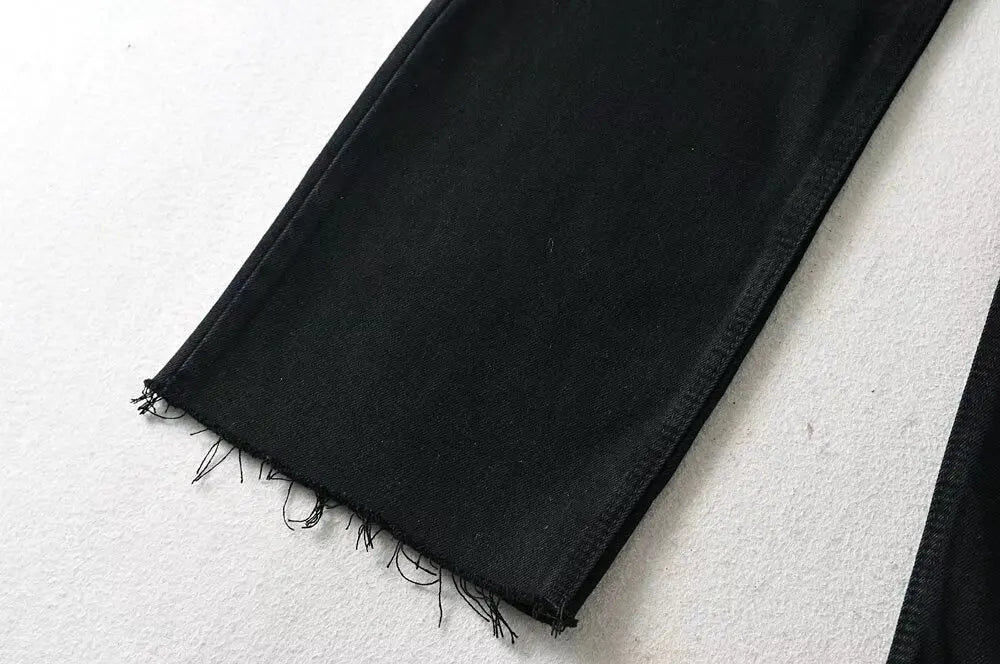 Jean Femme Taille Haute 2025 | Printemps-Automne | Décontracté Droit | Ourlet Brut Longueur Sol | Vintage
