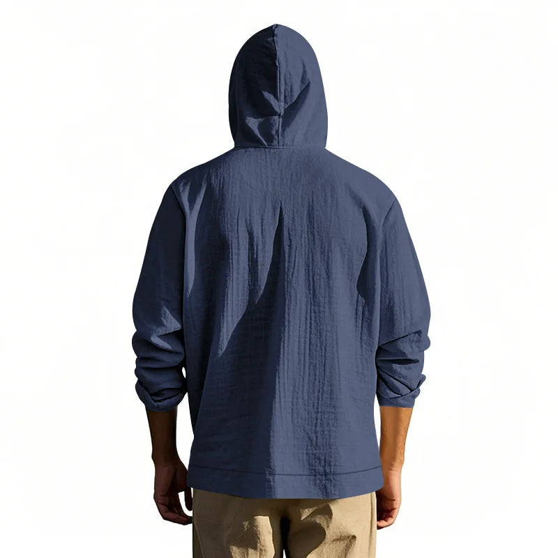 Men's Linen Hoodie Shirt Casual Slim Fit Hooded Long Sleeve Solid Button Down T-shirt Tops New Men Spring Summer Vacation Shirts