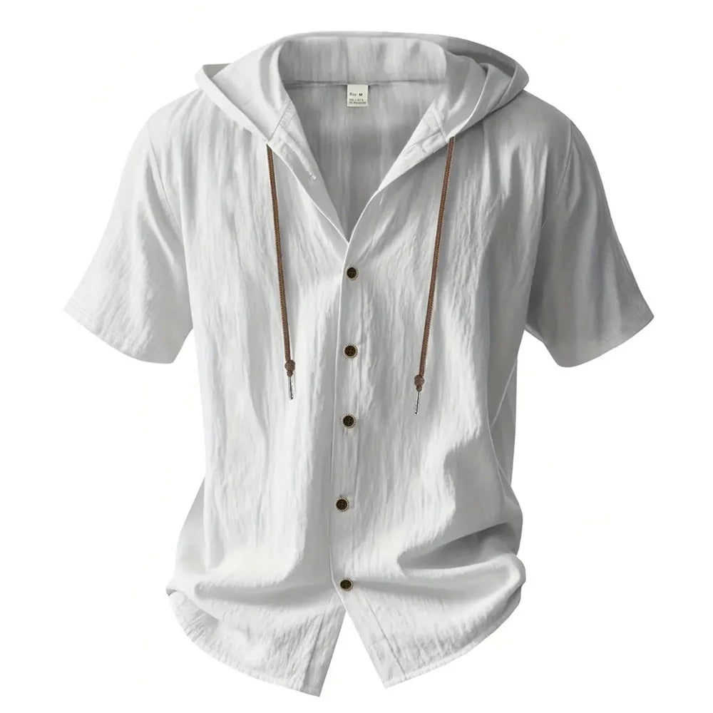 Men's Cotton Linen Hooded Short Sleeve Solid Color Breathable Lightweight Drawstring Design Shirts Casual Basic Tees