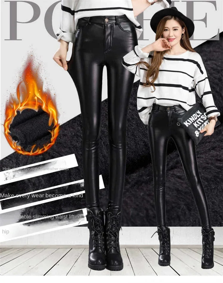 Pantalon Femme Cuir PU Cachemire | Taille Haute Slim Chaud | Polaire Intérieure | Automne-Hiver 2024 | Noir | S à XXXL