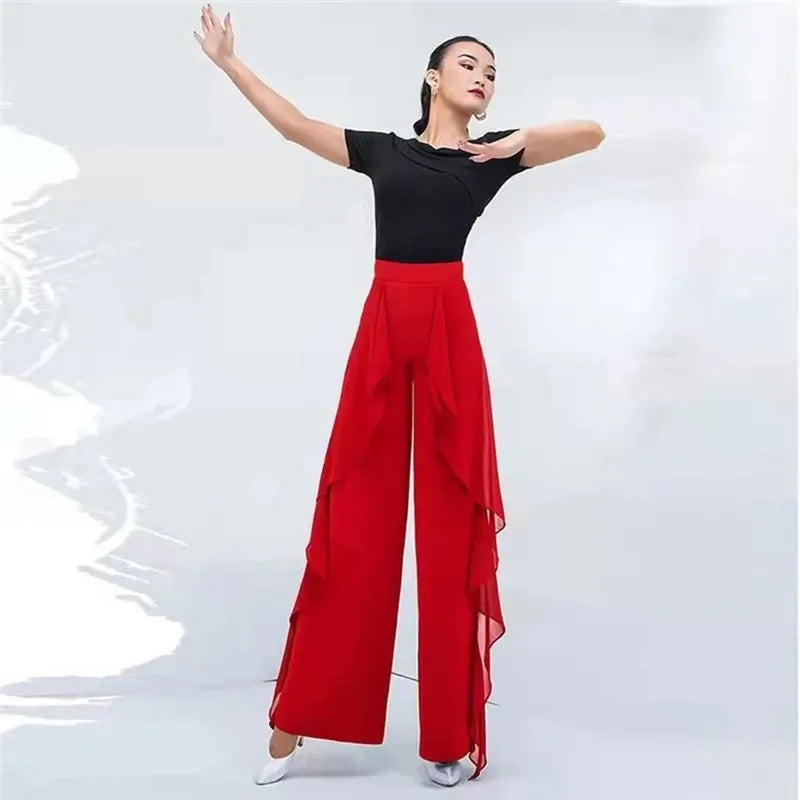 Dance Wide-Leg Pants Women's High-Waist Pants Lotus Leaf Side Loose Training Pants 2022 New Dance Female Pants