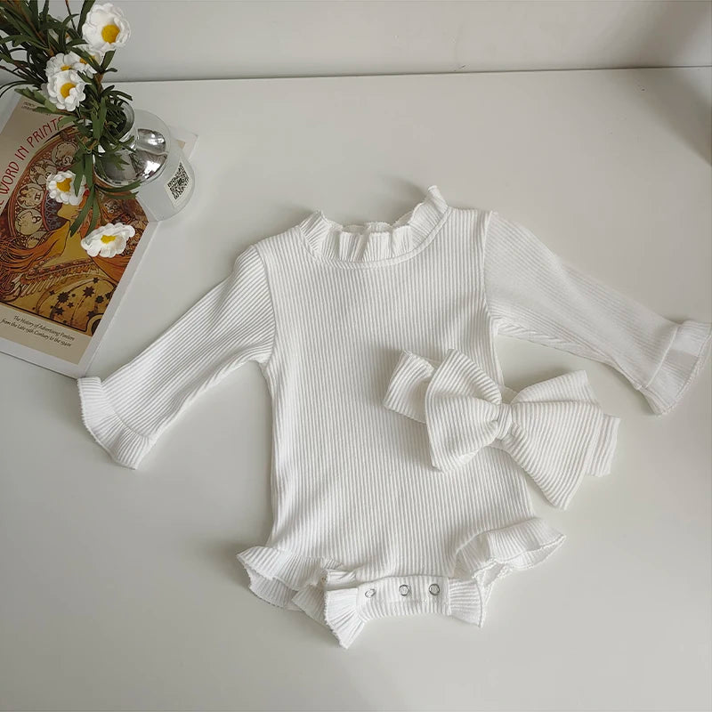 Fashion Toddler Baby Girls Romper Outfits Set Cotton Ribbed Flared Sleeve Jumpsuit + Bow Headband Sweet New Born Infant Clothing