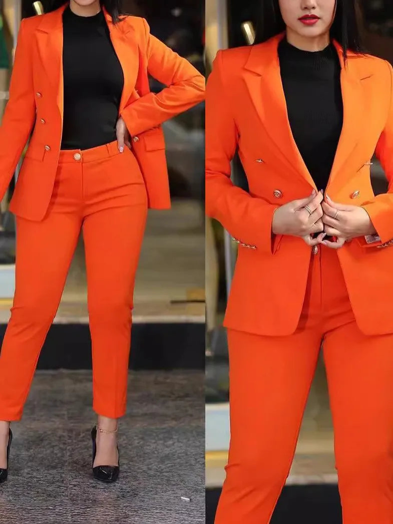 Pants Sets Two Piece Women Cardigan Blazer Double Breasted Slim Fit Pencil Pants Pockets Solid Casual Suits Outwear Spring 2025