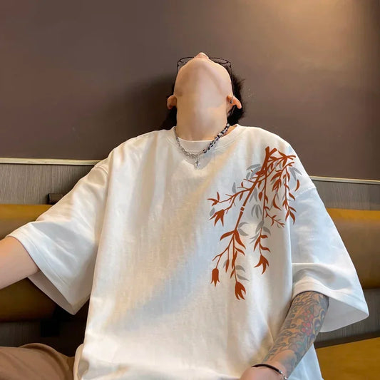 Men's Oversized T-shirts Men's Cotton T-Shirt White 5XL Casual Summer Wear Fashion Bamboo Print Tee Shirts for Men Clothing
