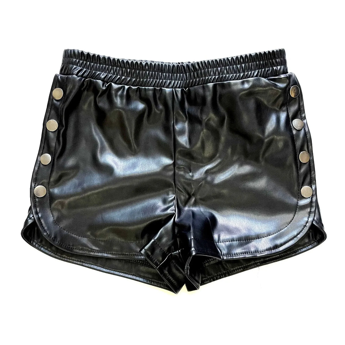 Women Faux Leather Shorts High Waist Side Button Elastic Waist Black Latex Trousers Casual Outfits Streetwear Biker Shorts